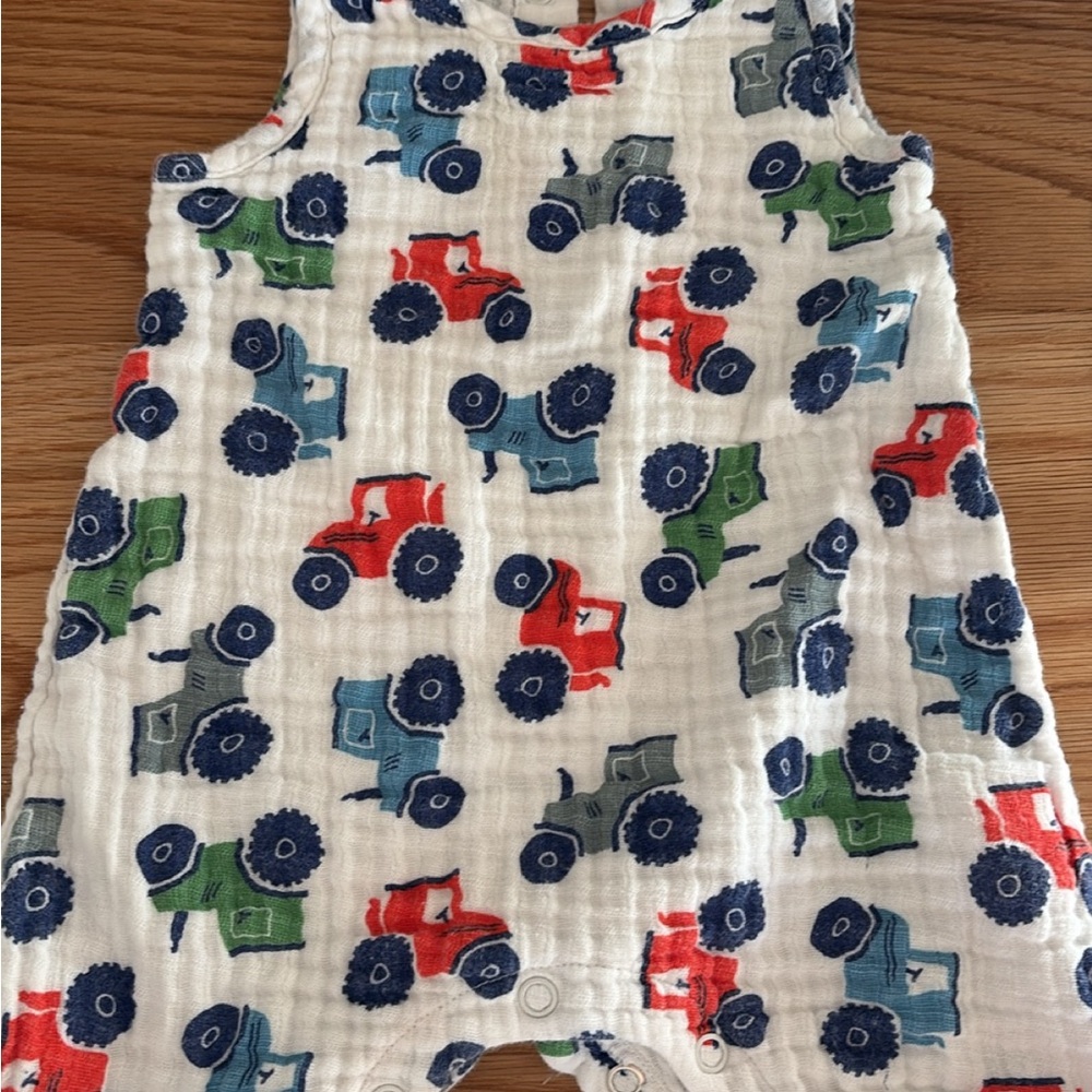 Angel Dear Red and Blue Longall Romper with  Tractor Print 3-6 Months